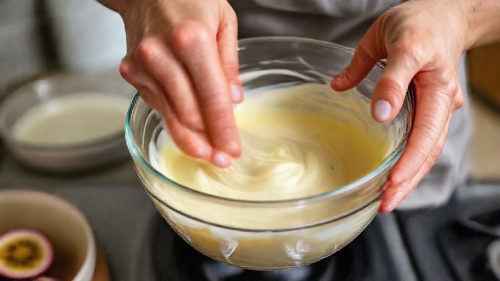 Mãos mexendo gelatina de maracujá e leite quente em uma tigela até dissolver completamente