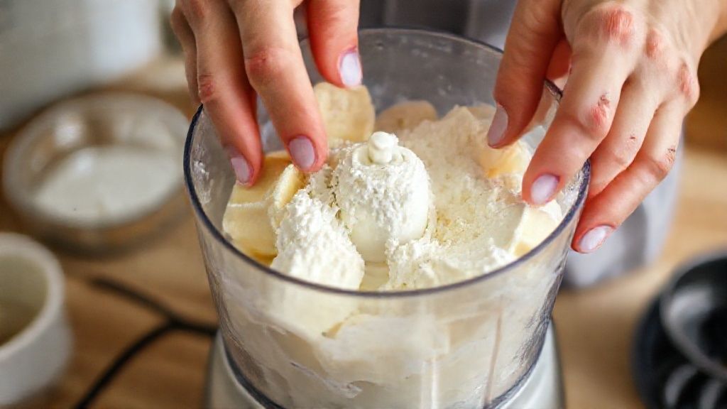 Mãos batendo bananas congeladas e leite em pó em processador de alimentos