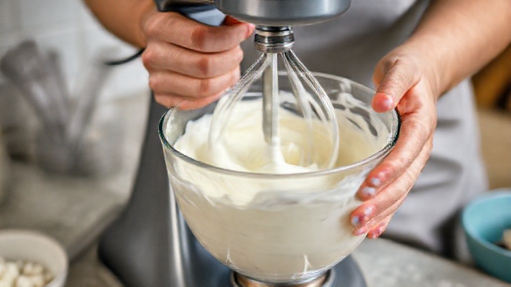 Mãos batendo a mistura cremosa do sorvete em uma batedeira durante o processo de aeração