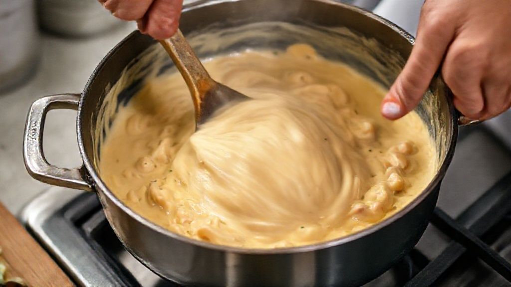 Mãos cozinhando o frango e misturando o molho cremoso durante o preparo da receita