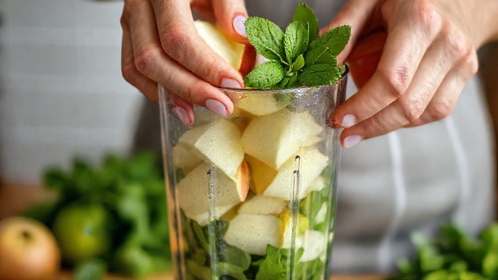 Mãos adicionando maçãs e hortelã em liquidificador durante o preparo do suco.