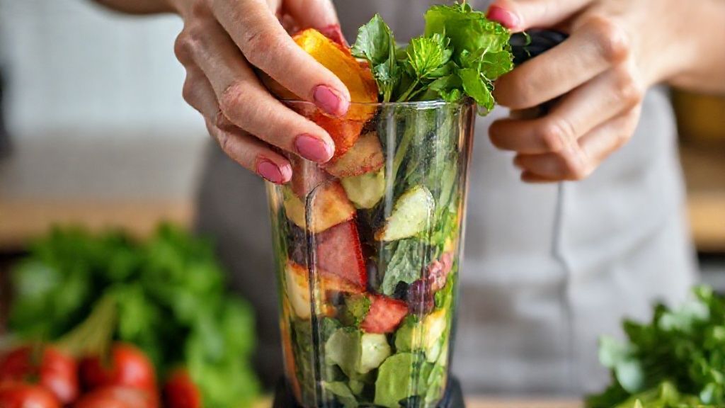Mãos colocando frutas e folhas verdes no liquidificador durante o preparo do suco detox