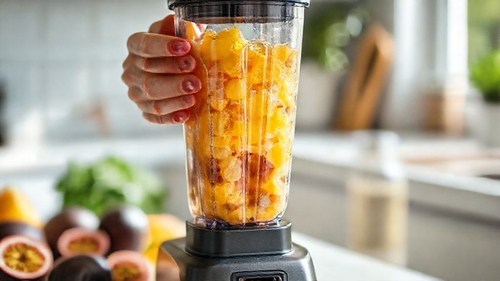 Mãos batendo a polpa de maracujá no liquidificador durante o preparo do suco caseiro.