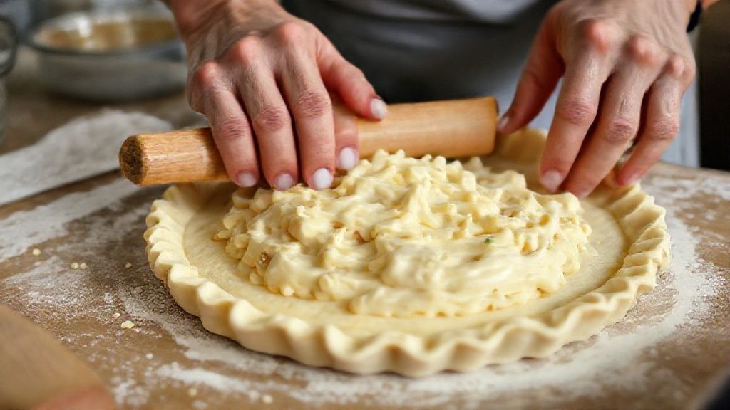 Mãos em ação durante um passo crucial do modo de preparo da torta