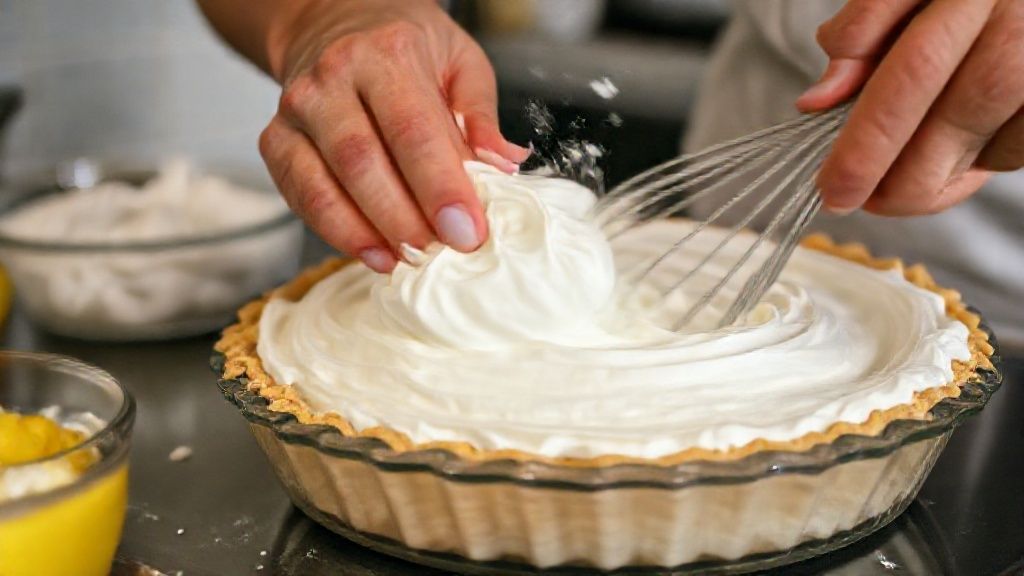 Mãos batendo claras em neve e espalhando o merengue sobre o creme de limão na torta.