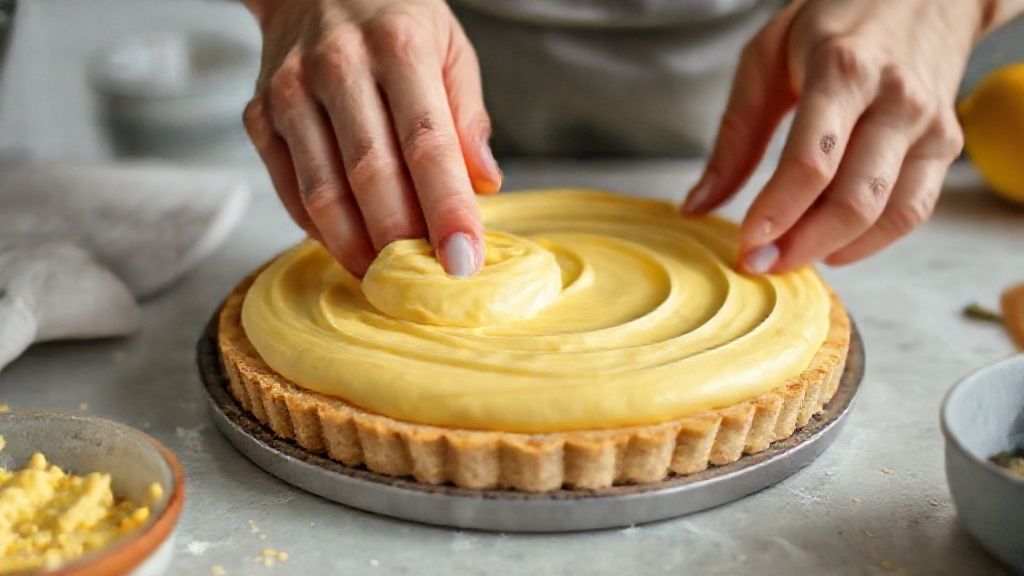 Mãos montando a camada de mousse de manga sobre a base de biscoito em uma forma.