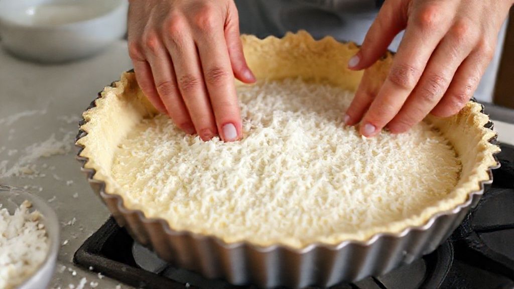 Mãos moldando a base crocante de coco em forma redonda durante o preparo da torta