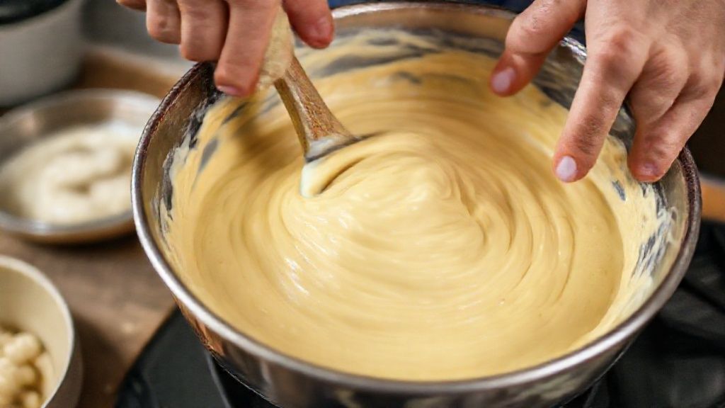 Mãos misturando o creme da torta em uma tigela durante o preparo