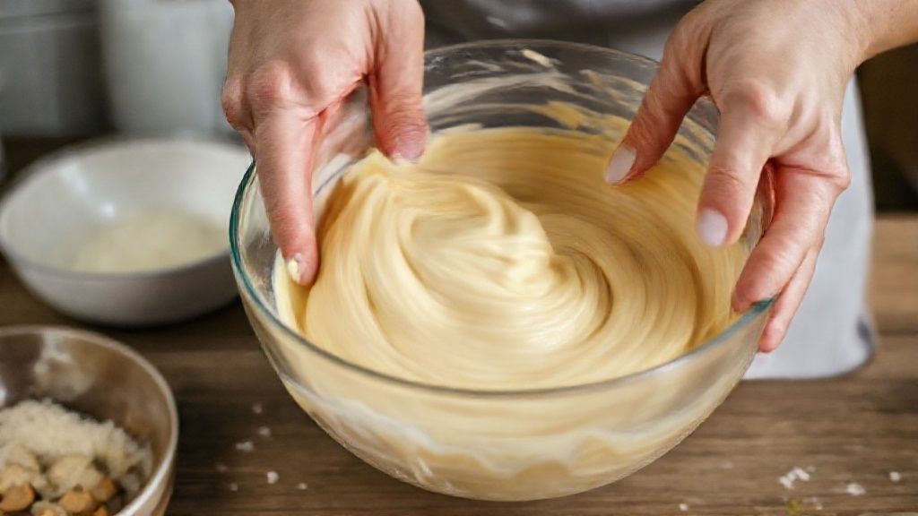 Mãos misturando a massa cremosa da tortinha em uma tigela durante o preparo.
