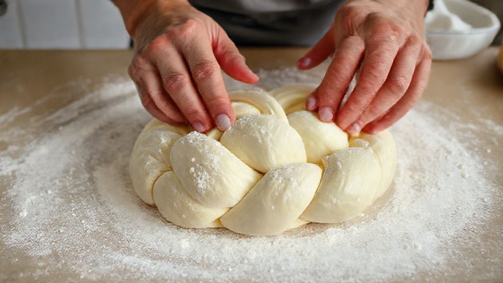 Mãos trançando tiras de massa recheada sobre bancada enfarinhada.