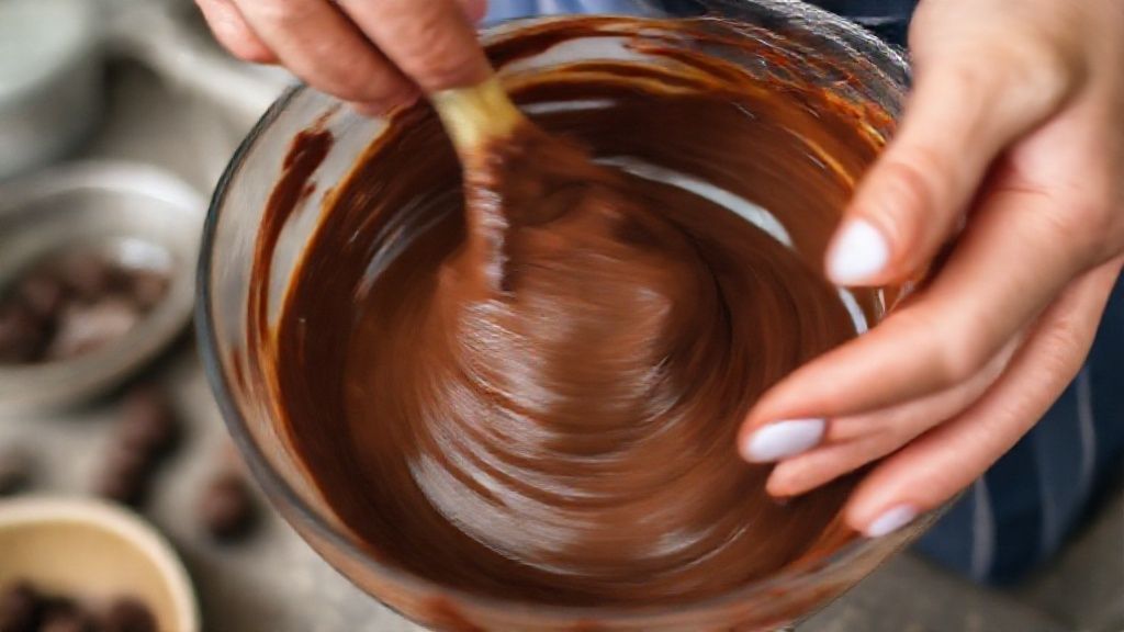 Mãos mexendo o chocolate derretido com creme de leite em uma tigela durante o preparo