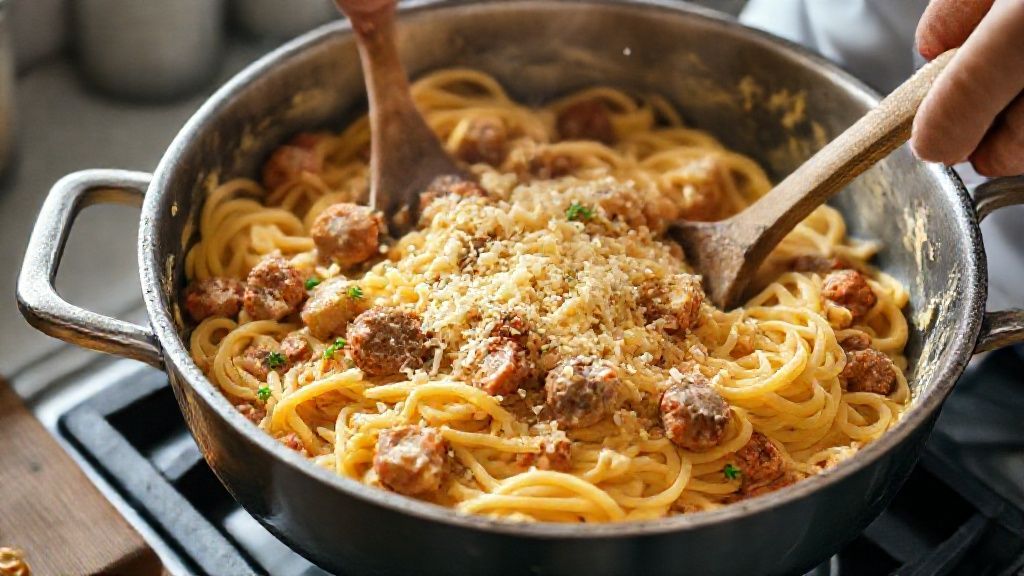 Mãos misturando o macarrão com queijos e ovos em panela durante o preparo