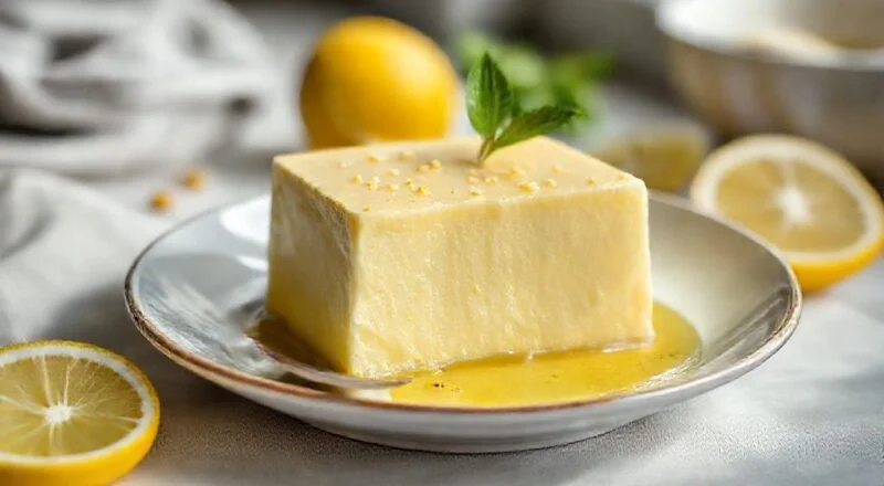 Pudim de limão sem forno com calda dourada, textura cremosa e raspas de limão, servido em prato branco e elegante