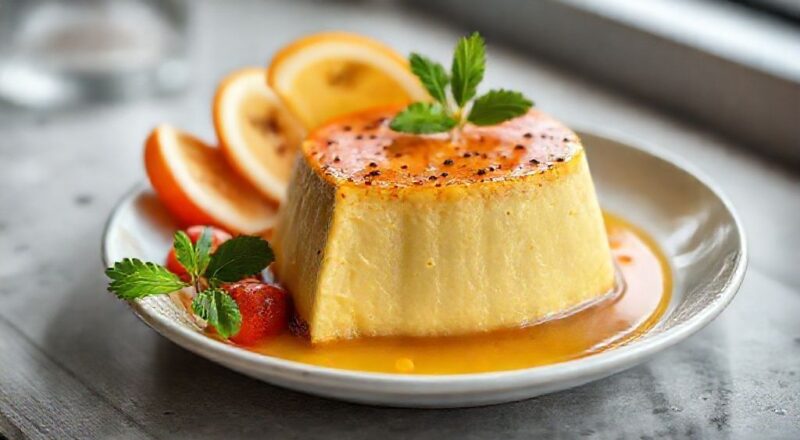 Pudim cremoso e dourado coberto com calda de caramelo, servido sobre prato branco elegante