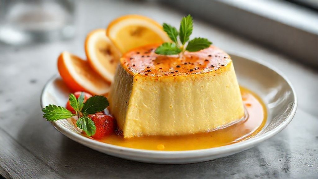 Prato de pudim de liquidificador com 4 ingredientes dourado e cremoso com calda de caramelo abundante