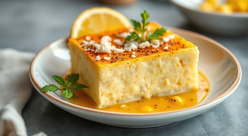 Pudim dourado com calda brilhante e textura cremosa, servido gelado em prato elegante