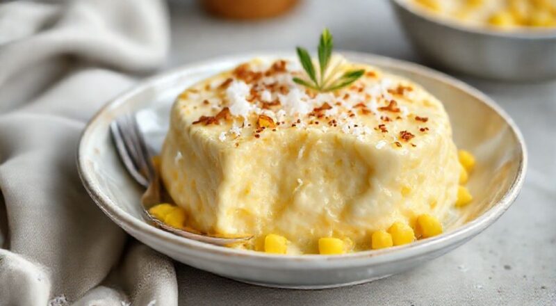 Pudim dourado com calda brilhante, aparência cremosa e tentadora, servido em prato branco sobre mesa rústica