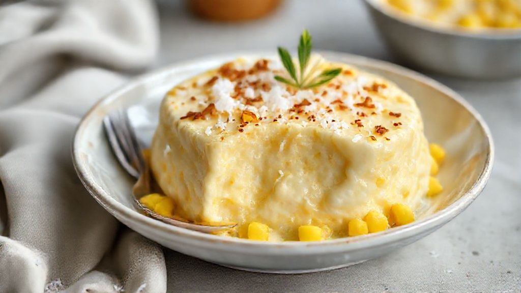 Pudim de milho com coco cremoso e dourado, servido com calda brilhante em prato branco decorado