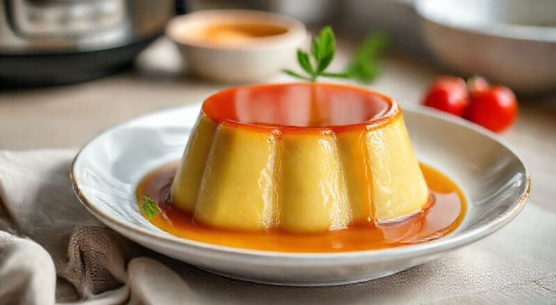 Pudim de panela de pressão dourado e cremoso com calda de caramelo escorrendo