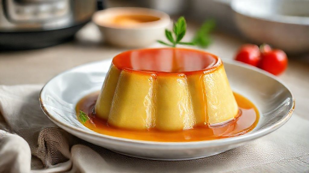 Pudim de panela de pressão rápido e cremoso com calda dourada servido em prato branco