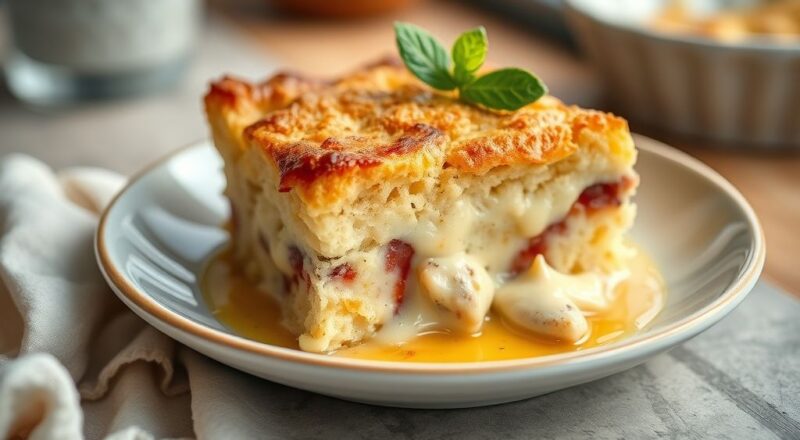 Pudim de pão cremoso finalizado, dourado e brilhante, servido sobre prato branco com calda escorrendo