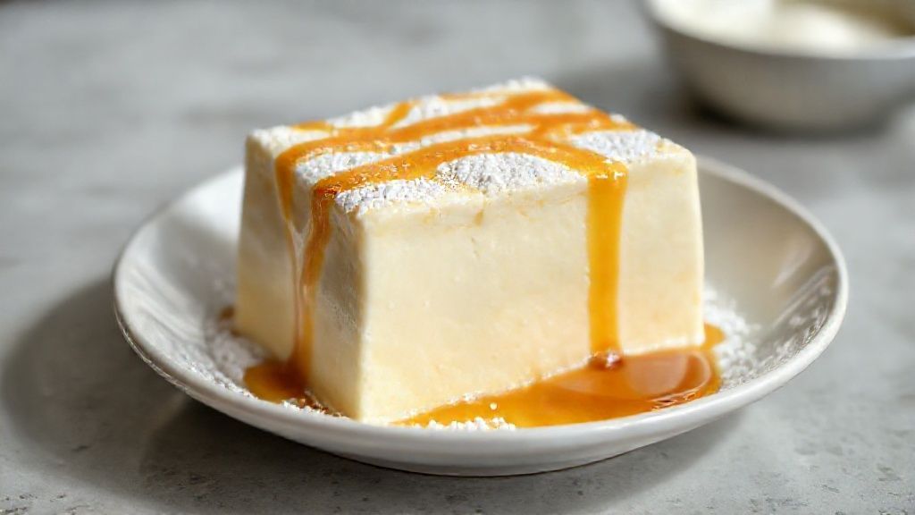 Pudim gelado de Leite Ninho cremoso, dourado com calda de caramelo, servido em prato branco com textura lisa e brilho apetitoso