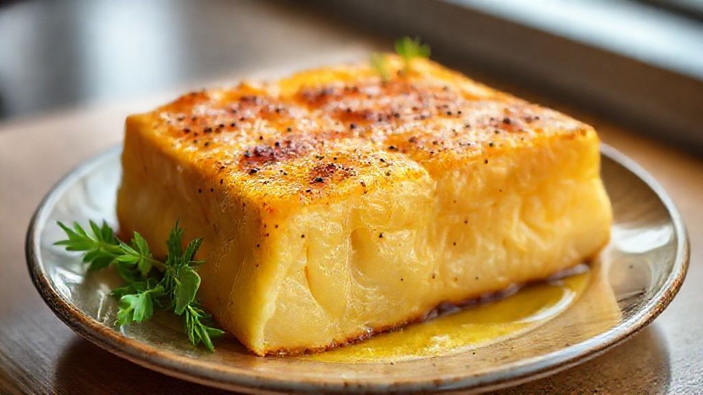 Pudim na air fryer pronto com calda dourada e textura cremosa, servido em prato branco