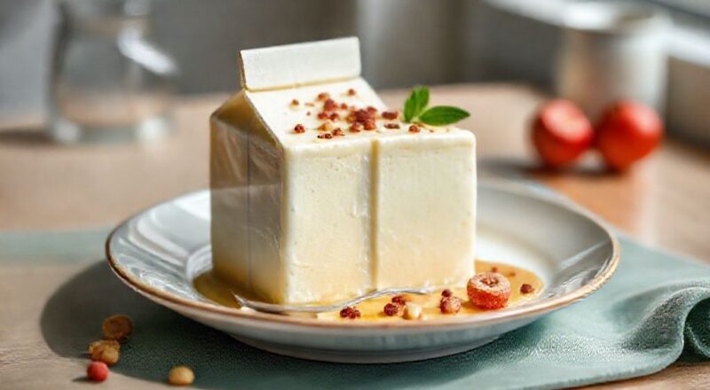 Pudim na caixinha de leite servido em prato branco, com calda brilhante e textura lisa, pronto para degustar