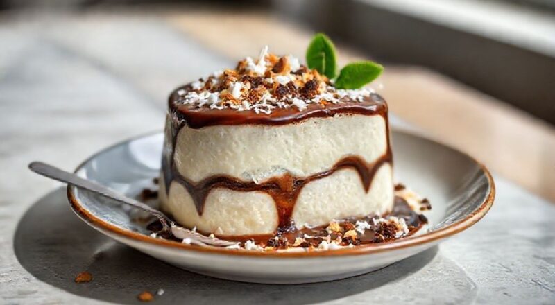 Pudim prestígio pronto, com camada de chocolate brilhante e coco ralado por cima, servido fresco