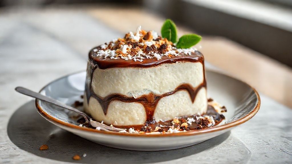 Pudim prestígio cremoso decorado com coco ralado e calda de chocolate, servido gelado em prato branco