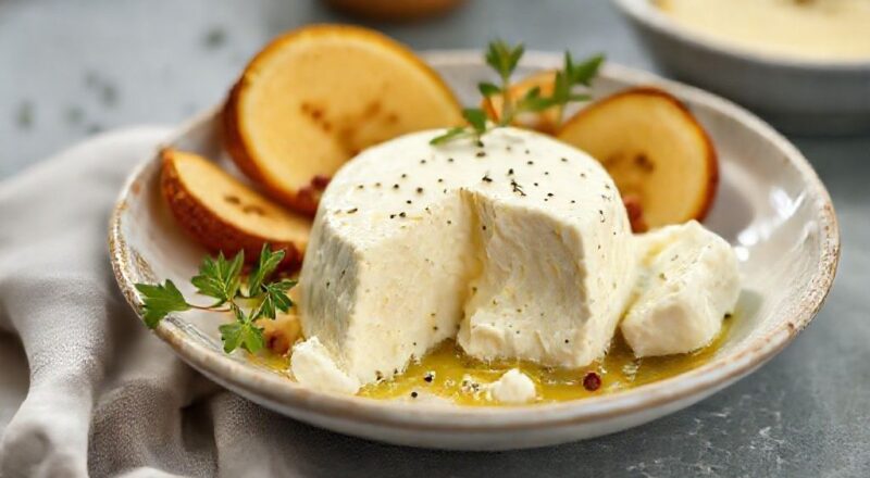Queijo vegano caseiro fatiado, com textura cremosa e tom dourado, servido em tábua rústica