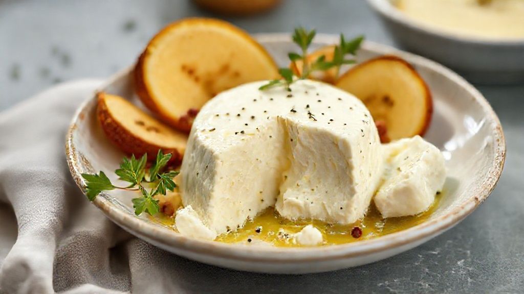 Queijo sem leite caseiro vegano fatiado, de cor dourada e textura cremosa, servido em tábua de madeira