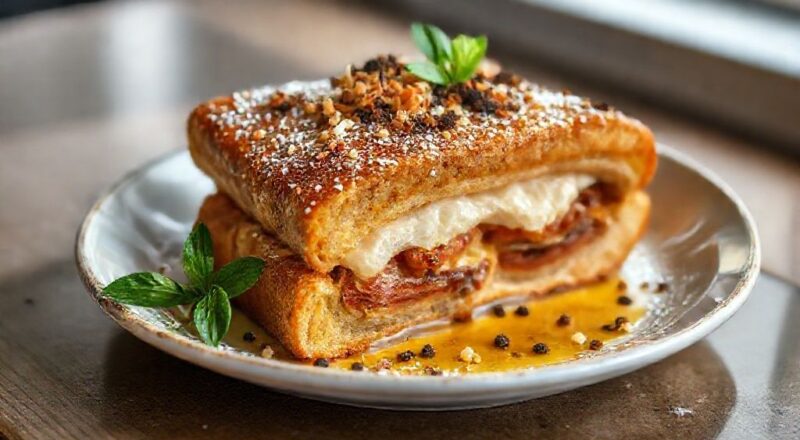 Rabanadas recheadas com doce de leite douradas e açucaradas sobre prato natalino