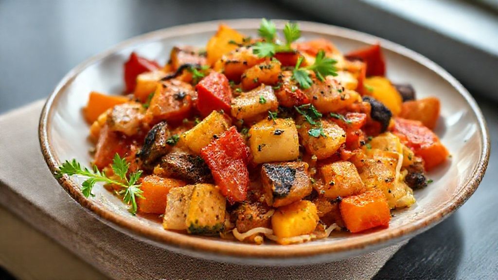 Ratatouille colorido francês assado, com legumes dispostos em espiral e brilho de azeite, prato leve e saudável.