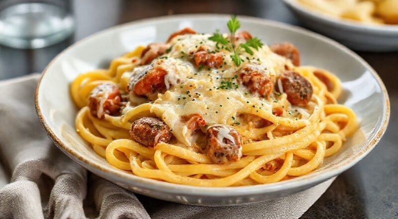 Prato de macarrão cremoso com calabresa e queijo derretido, servido quente e dourado, com aparência apetitosa e artesanal