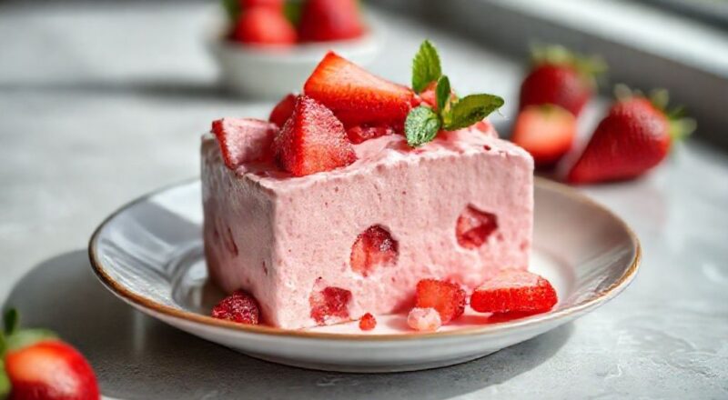 Recheio cremoso de mousse de morango com pedaços frescos, leve e brilhante em uma taça decorada com morangos