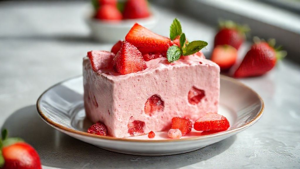 Recheio de mousse de morango com pedaços cremoso e aerado pronto em taça, com morangos frescos decorando