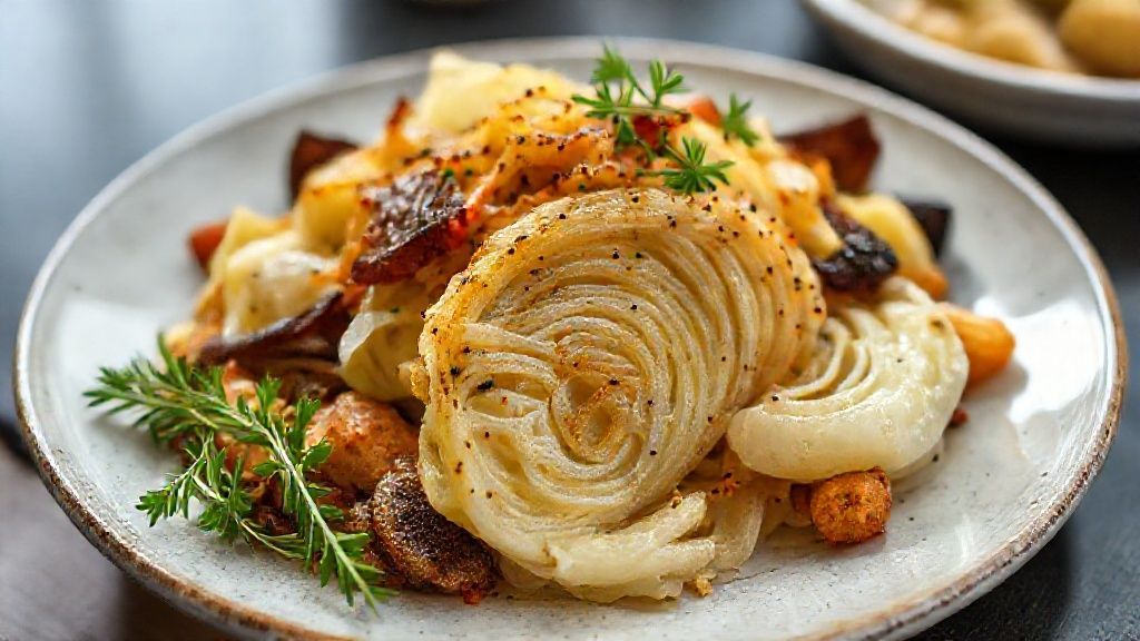 Prato de repolho assado com legumes coloridos e dourados, leve e crocante, receita saudável e saborosa