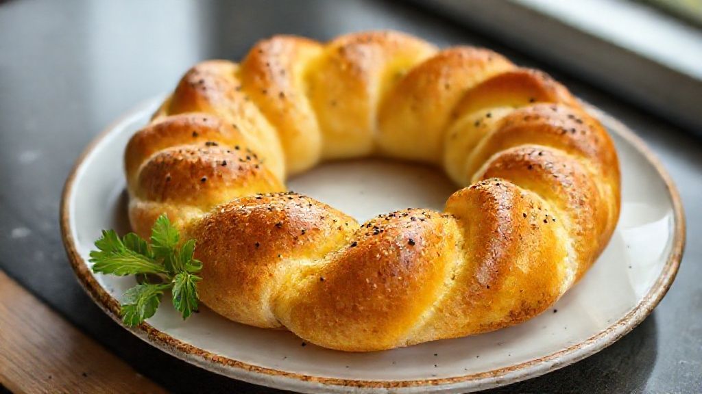Rosca de polvilho de padaria dourada e crocante, servida em prato de madeira com textura leve e apetitosa