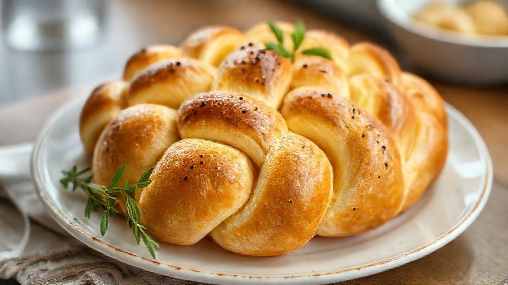 Rosca doce fofinha dourada e trançada, coberta com leite condensado e coco ralado, perfeita para acompanhar café.
