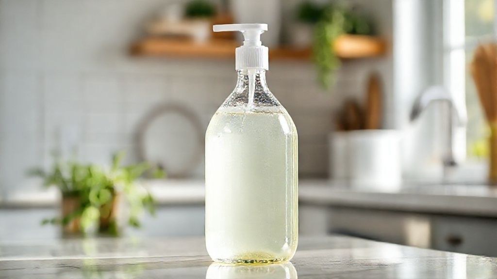 Frascos cheios de sabão líquido caseiro sustentável, brilhante e homogêneo, pronto para uso doméstico