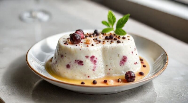 Sobremesa tradicional gaúcha servida em taça, com cor rubi e calda brilhante, acompanhada de creme claro e frutas