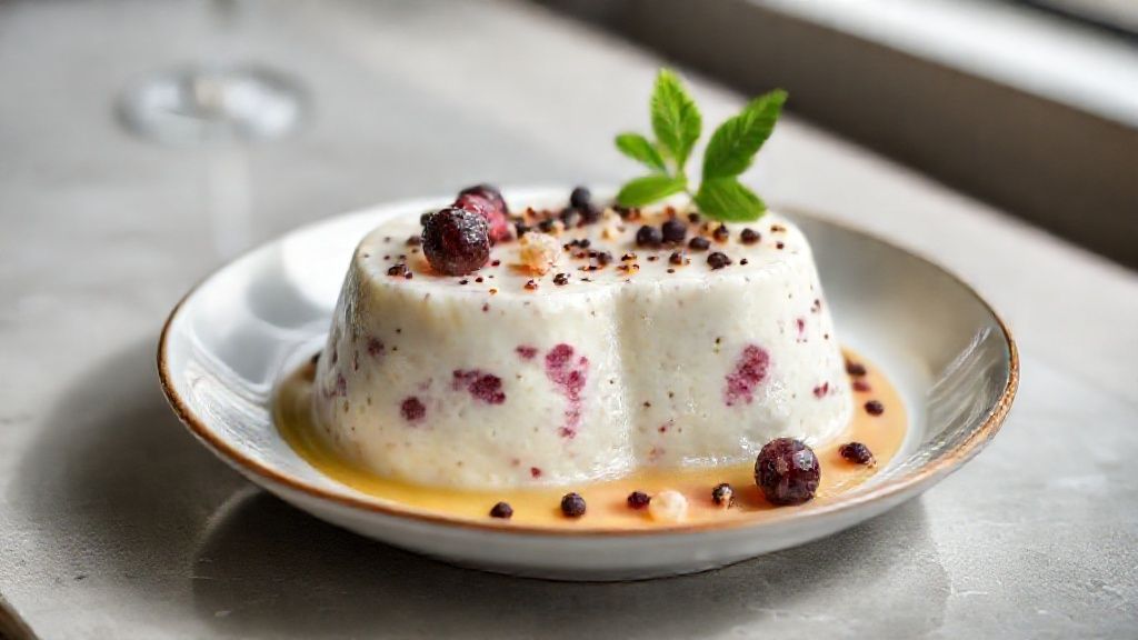 Taça de sagu de vinho com cor rubi intensa e brilho, servida com creme de baunilha e frutas frescas