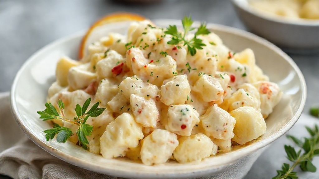Salada de batata cremosa pronta, com molho suave e ervas frescas, servida em travessa branca