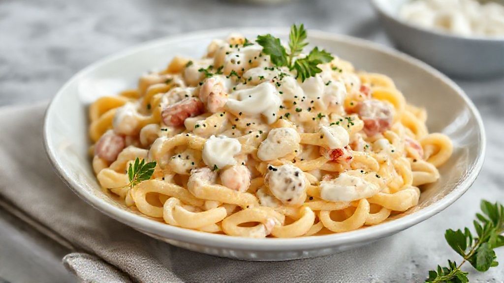 Salada de macarrão com maionese cremosa servida em tigela branca com legumes coloridos e textura irresistível