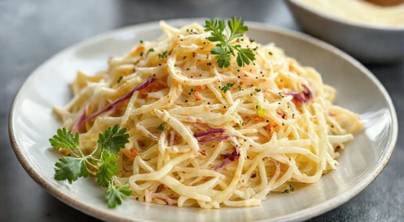 Prato de salada de repolho cremosa, colorida e bem apresentada em uma tigela branca