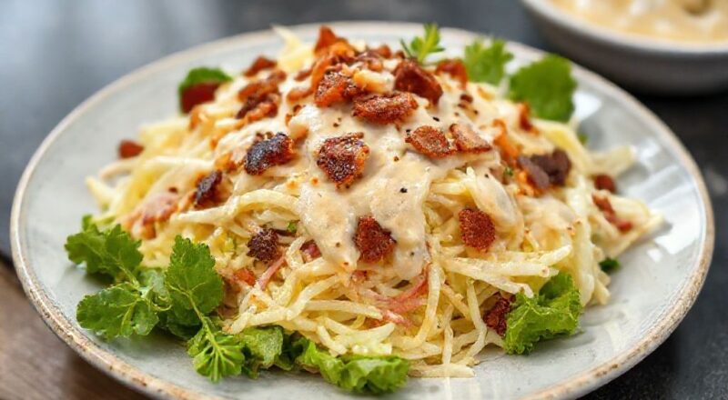 Salada de repolho cremosa com bacon crocante, colorida e fresca servida em tigela elegante