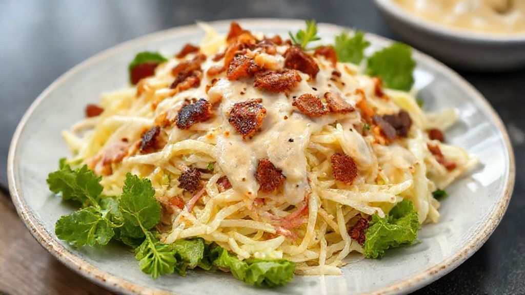 Salada de repolho especial com molho cremoso de bacon servida em tigela, fresca e colorida