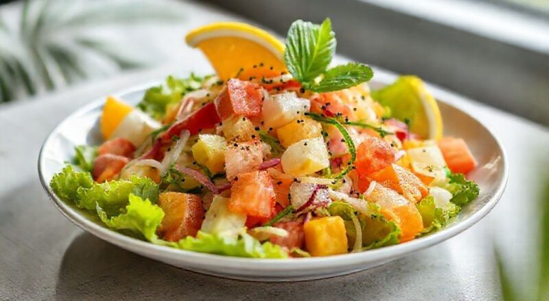 Salada tropical colorida com alface, tomate, manga e palmito, servida em travessa de vidro