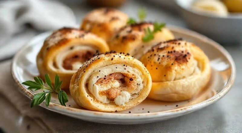 Salgados assados dourados e recheados, servidos quentinhos e com o recheio cremoso derretendo